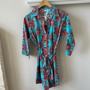 MoDaPoSa Small Beaded and Belted Shirt Dress in Turquoise and Coral